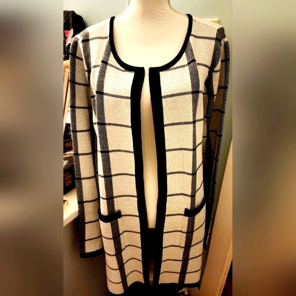 Classic Black & Cream Windowpane Open Cardigan Sweater